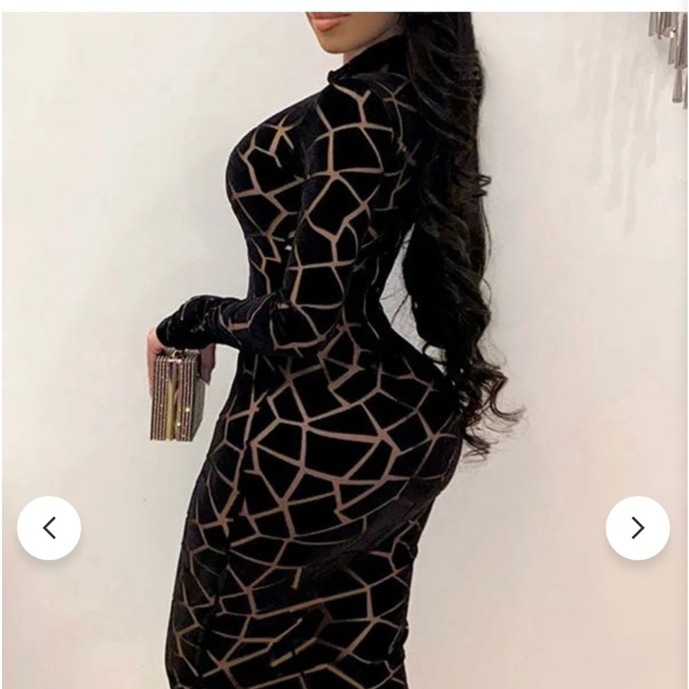 GRAPHIC PRINT CLASSIC MESH SEE-THROUGH MIDI DRESS